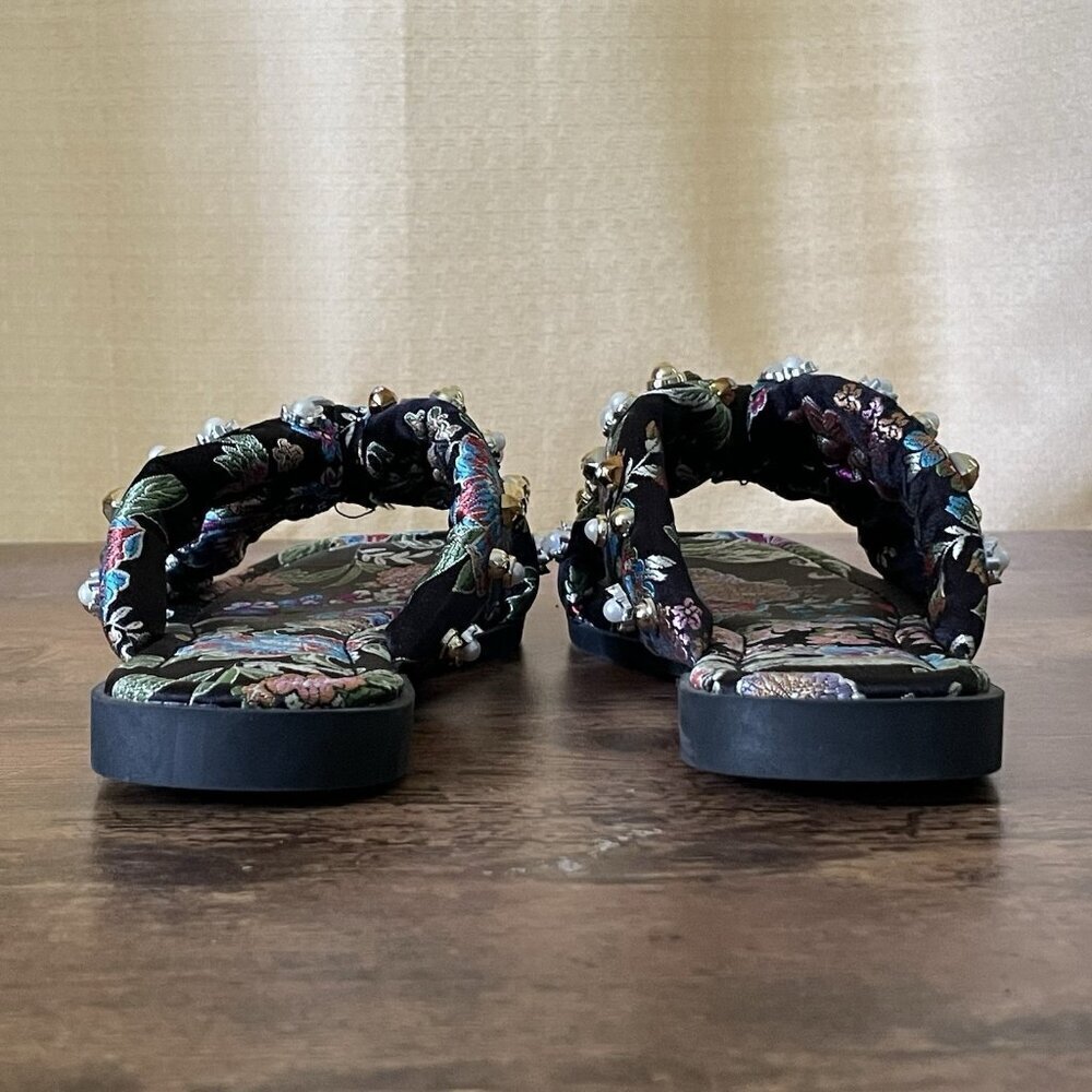 Azalea Wang Womens Ramsey Sandal Sz 7 Black Floral Jacquard Beaded Pearl Crystal - Picture 11 of 13